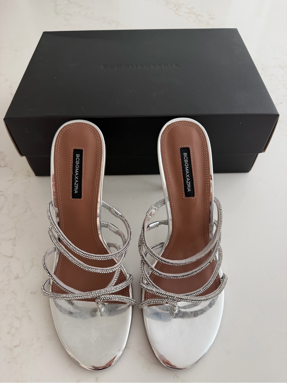 BCBGMaxAzria Silver Crystal-Strap Slide Heels